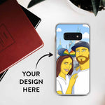 Personalized Samsung Galaxy S10e case with GetAnimized custom design print on it. Mock up illustration shows a beautiful young couple in Disneyland drawn as Simpsons cartoon characters. Text on the image says Your Design Here.