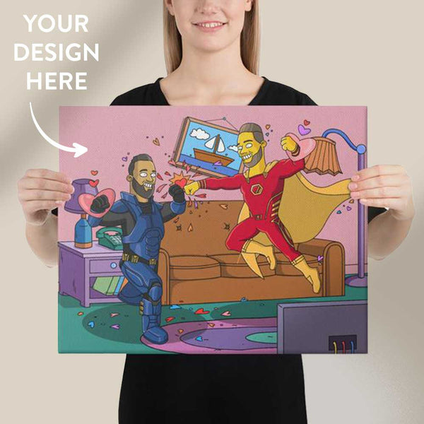Beige background. A young happy woman wearing black t-shirt is standing with a 20x16 inches size canvas print that contains a personalized GetAnimized cartoon drawing. Text on the image says: Your Design Here