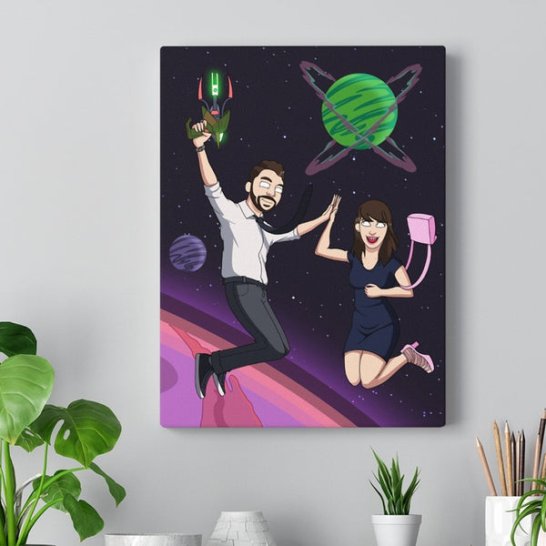 The picture shows a minimalistic white wall with a few green plants visible as well. On the wall there is a canvas print. It contains a Rick and Morty style illustration. Two young people are floating in the space.