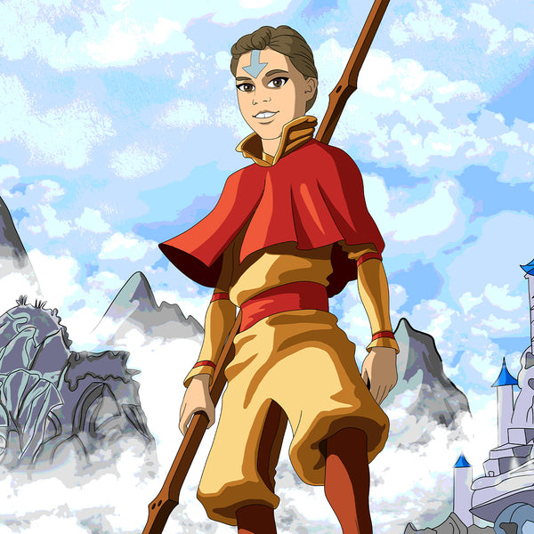 A girl turned into Avatar: The last air bender character. She is holding a rod, dressed like the man character and has an arrow on her forehead. She is standing high in the mountains, which are partially covered with clouds. You can see a blue castle somewhere in the background as well.  