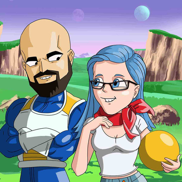 Man and woman both turned into Dragon Ball Z cartoon characters. They are standing next to each other, looking in the eyes and smiling. The man is holding his hands crossed, and the woman is slightly touching her chin. They both look in love with each other. Man is bald and the girl has blue hair. The surroundings are misty,  the sky is purple and two planets are visible, you can see hills and mountains in the background.