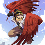 Anime style personalized cartoon illustration. A person turned into an anime character. Scraping the bright blue sky with red wings.  Floating in the air, looking down to the viewer, smiling.