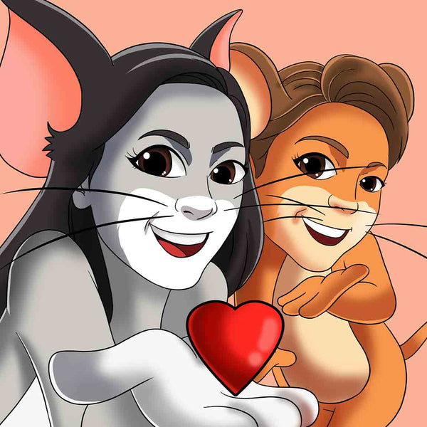 Two young woman turned into Tom and Jerry cartoon characters. Anime style portrait shows them smiling, standing close to each other, being lovely. One woman who was drawn as Tom is holding a red heart in her palm and the other one is pointing to it with her hand.