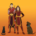 Man, woman and their pets cat and dog turned into Anime characters. They are dressed like Fire Nation in the Avatar: The Last Air Bender cartoon. The man is standing with his hands crossed, and the woman is holding one hand on her hip. The cat is all black looking seriously, and the dog looks friendly, has his tongue sticking out.