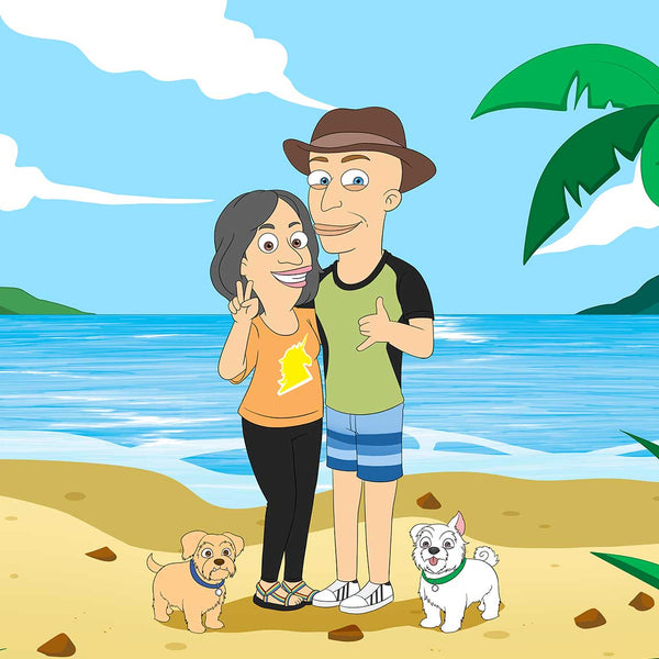 A couple and their two dogs turned into Big Mouth cartoon characters. They were drawn standing in the beach with clear blue water and sky, palm trees and sand. Standing close to each other, holding each other's back. Woman is showing a peace sign. One of the dogs is white and it looks excited. The other dog is beige and it looks confused.