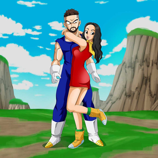 A couple turned into Dragon Ball Z characters. Woman is holding her hands around man's neck. She is looking excited and playful, but the man is looking confused. In the background there is a blue sky and hills.