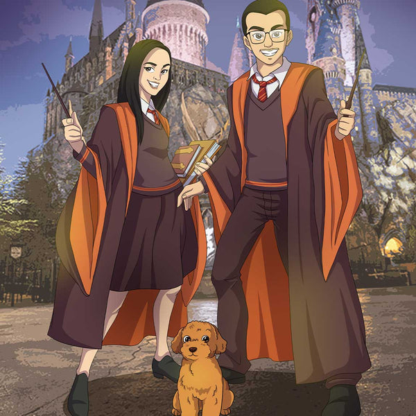 Young man, woman and their puppy turned into anime characters. They are dressed as Harry Potter characters. Both holding magical sticks, looking excited, smiling widely. The girl is also holding books in her other hand. The puppy is brown and he is standing still, looking viewer in the eyes with excitement.