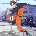 Young man turned into Naruto character. He is in his roller-blades going down the stairs handrail.