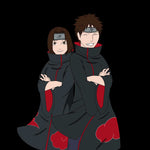 Young man and woman turned into Naruto cartoon characters. Dressed in black with a few red details. The woman is smiling looking at the viewer and the man is laughing with his eyes closed. Standing shoulder to shoulder both with their hands crossed.
