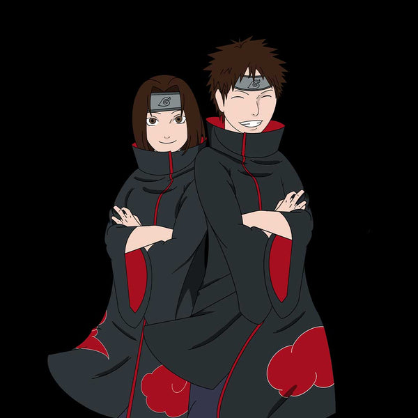 Young man and woman turned into Naruto cartoon characters. Dressed in black with a few red details. The woman is smiling looking at the viewer and the man is laughing with his eyes closed. Standing shoulder to shoulder both with their hands crossed.