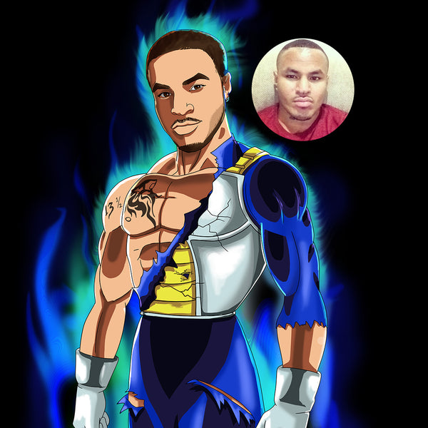 A strong masculine black man turned into Saiyan cartoon character. He is standing in Dragon Ball Z outfit with blue flames around him.