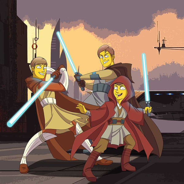 Two men and a boy turned into cartoon version of Star Wars characters. Each of them holding the blue sword and ready for a fight. They are dressed as Star Wars characters. Sunset background.