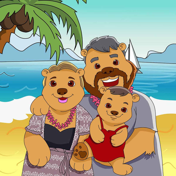 A family of three (mum, dad and a babygirl) turned into cartoonish bears. All standing together close to each other, and dad is holding the baby. All very happy and smiling. They are dressed as humans, but have bear ears, nose and body. They are in the beach with clear blue sky and water, coconut palm tree and sand. The location is Hawaii.