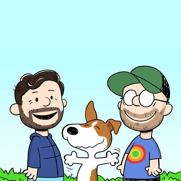 Two men and their dog turned into Peanut cartoons characters. All standing next to each other, smiling. The dog seems very excited and has his hands wide open. In the background is clear blue sky and short grass is visible.