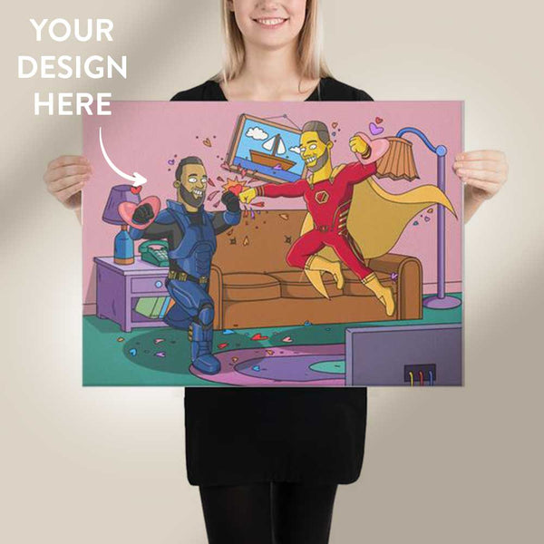 Woman wearing black t-shirt and black leggings is standing with a 24×18 inches size canvas that contains a custom GetAnimized Simpsons style drawing. Text on the image says: Your Design Here