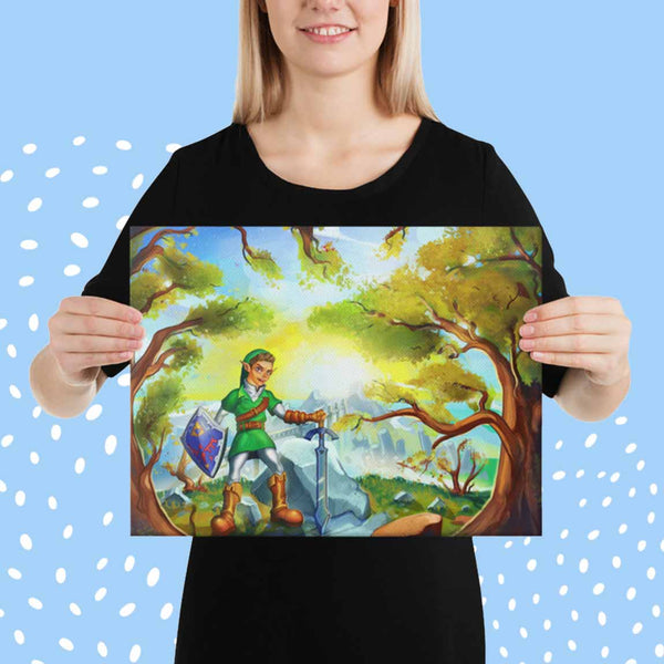 Get Animized cartoon portrait printed on canvas. Happy woman holding a 16×12 canvas print. The printed cartoon illustration contains your personalized portrait.