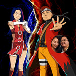 Anime style personalized cartoon illustration and an original photo of the two people who were turned into Naruto characters. They are both smiling, dressed in red, woman's hair is blue, man's hair is red. Standing in full confidence of themselves. In the background there are red flames and blue lightning.