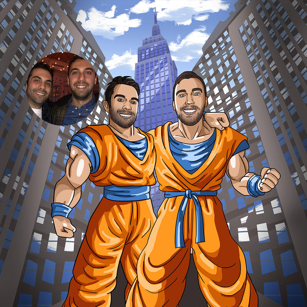 Cartoon illustration of two men turned into Saiyan cartoon characters and the original photo of them besides. In the illustration men are portrayed standing in confidence, happy, smiling, holding hand's on each other's shoulders. In the background you can see blue sky and Empire state building.