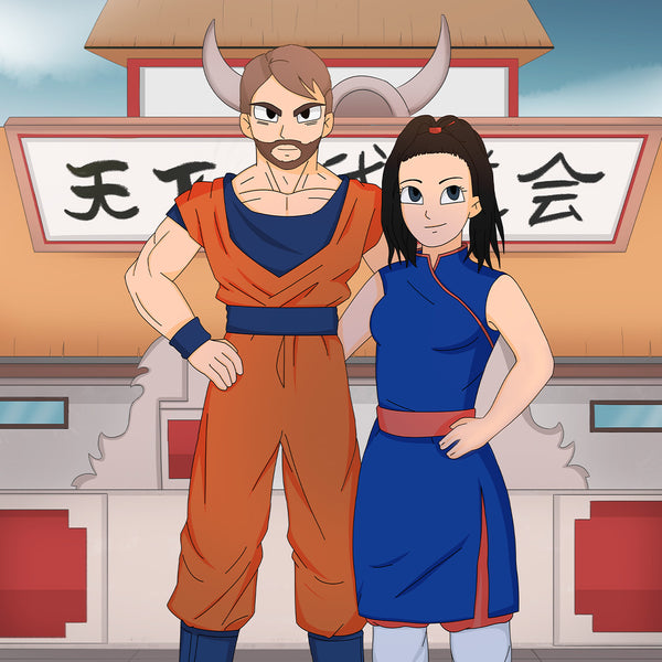 Saiyan cartoon illustration of the couple standing together dressed as Dragon Ball Z characters. The woman is shorter than the man. They are holding hands on each other back's, the woman is smiling slightly. In the background you can see an old Asian temple.