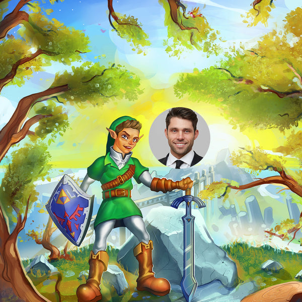 An illustration of a man turned into Zelda game character and a real photo of him besides for comparison. In the background you can see a misty forrest. The character is dressed in green, holding a sword and a shield. He looks like an elf, his ears are pointy. He is also wearing leather boots, gloves and belt. Smiling as if he conquered the enemies.