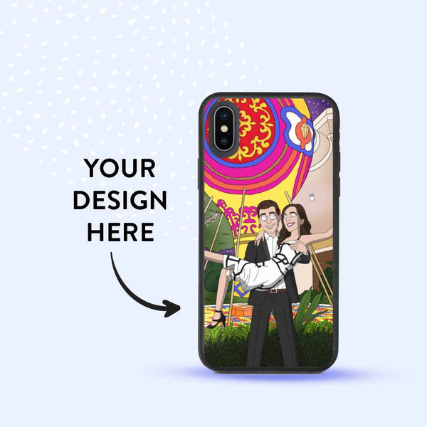 iPhone X with a biodegradable case. The case has a personalized GetAnimized drawing printed on it. Text on the image says: Your Design Here