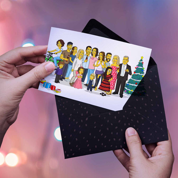 In the picture you can see a polaroid background and woman's hands holding an open envelope with a beautiful postcard in it. The postcard contains a portrait of a big family. They were drawn as Simpsons characters. All looking happy and being in a festive mode.