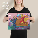 A young woman wearing black t-shirt is holding a 16×12 inches size canvas with custom GetAnimized cartoon drawing on it. Text on the image says: Your Design Here