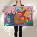 Beige background. Happy young woman wearing all black is standing with a 24×18 inches size canvas that contains a personalized GetAnimized Simpsons style illustration. Text on the image says: Your Design Here