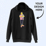 Black hoodie with GetAnimized custom design print on it. Picture on the image says: Your Design Here