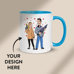 White mug with custom design decole. It is bright blue coloured inside. Text on the image says: Your Design Here