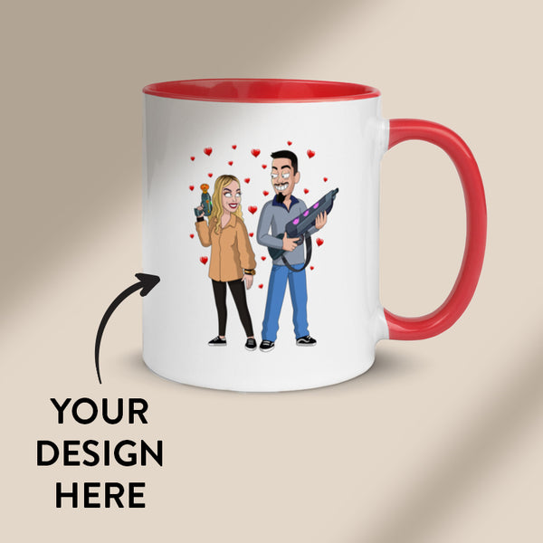 White mug with a custom GetAnimized design on it. Red coloured inside.