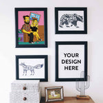 A modern minimalistic interior with four frames on the wall. One of the frames contains a personalized Simpsons style cartoon illustration. The other frame says: Your design here.