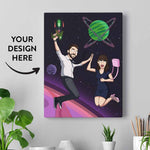 Text on the image reads Your Design Here. A canvas with a personalized Rick style cartoon drawing. The print shows two people in the space high-fiving each other. The canvas is on the white wall and there are a few green plants and pencils on the shelf below.