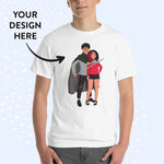 Young man wearing white t-shirt with a custom GetAnimized design printed on it. Text on the image says: Your Design Here