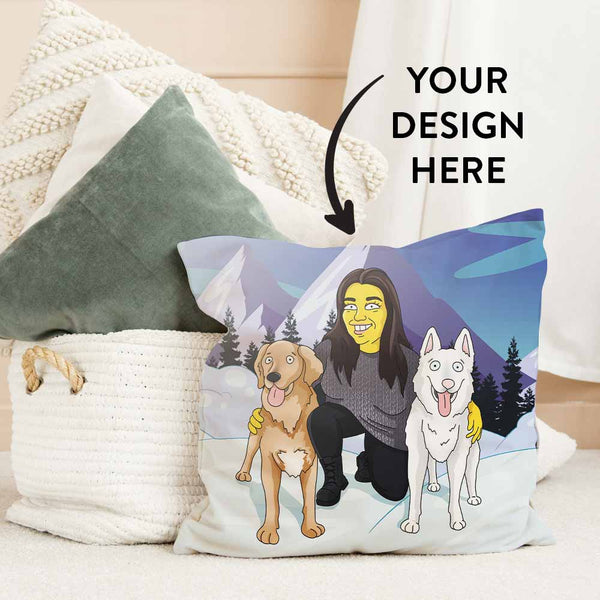 Pillows put in the bag. One of the pillows is on the ground next to the bag and it has a personalized GetAnimized design printed on it. In the design you can see a woman with her two dogs. Text on the image says: Your Design Here